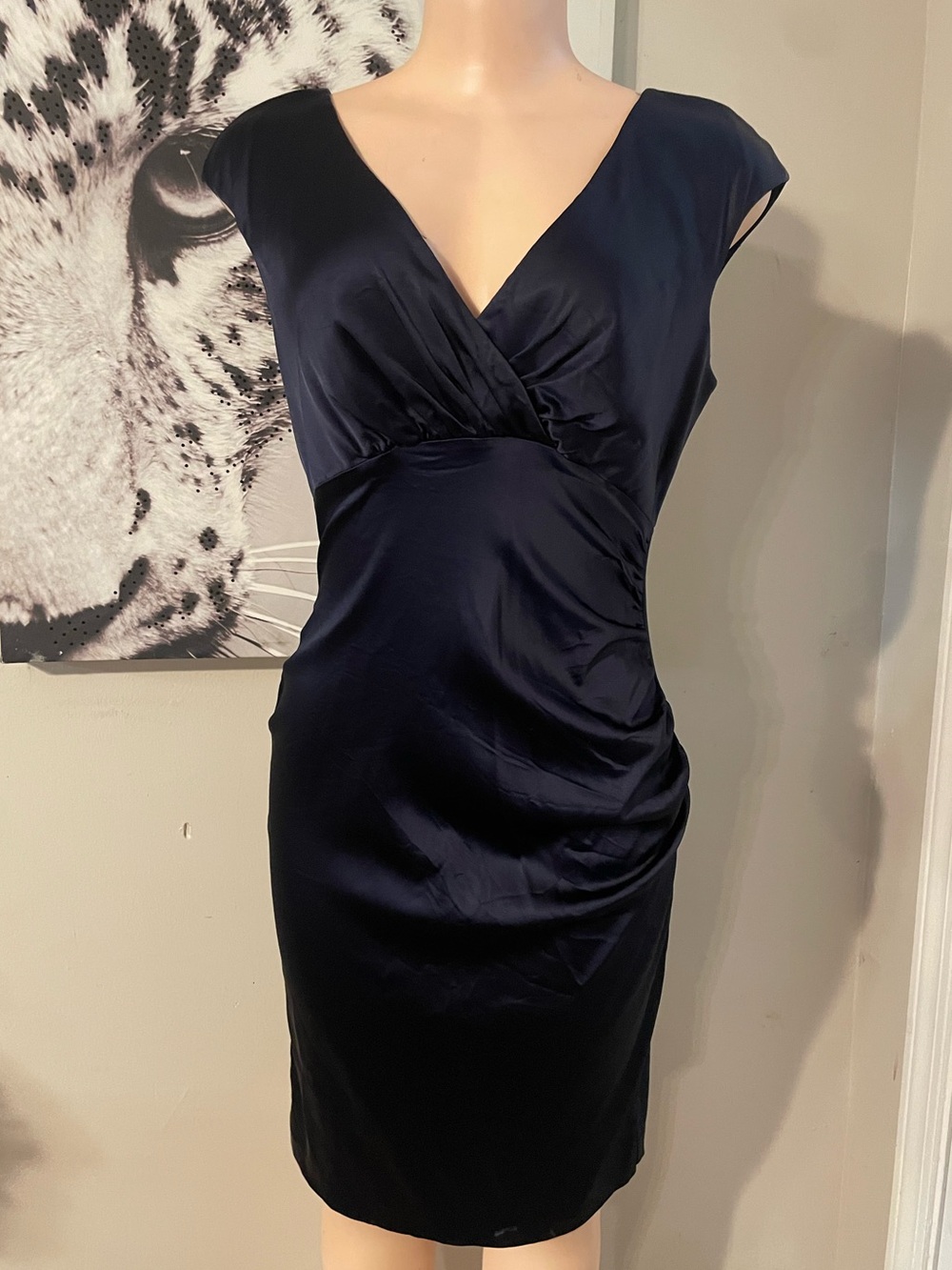 Ralph Lauren Navy Blue Satin cocktail V-Neck Cap Sleeve Dress side ruched 8